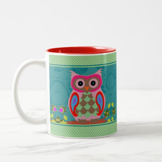 Patchwork Folk Art Owl and Dots Zweifarbige Tasse (Links)