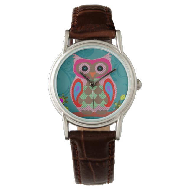 Patchwork Folk Art Owl Armbanduhr (Vorderseite)