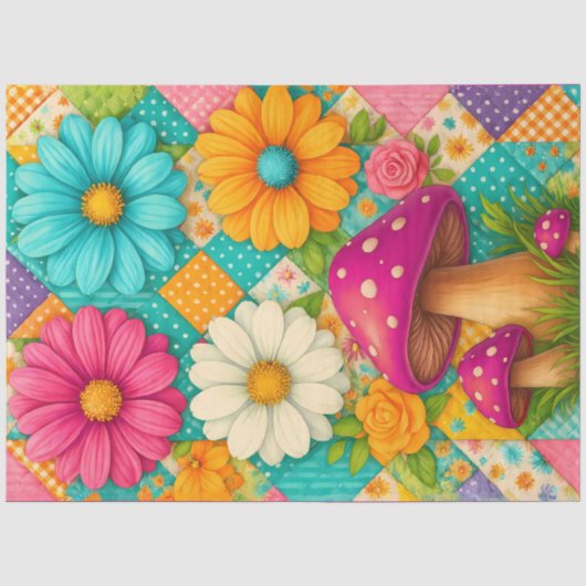 Patchwork-Garten – Whimsische Blumen & Pilze Seidenpapier (Vorderseite)