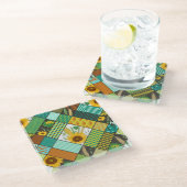 Patchwork-Getreide, Sonnenblumen, geometrisches Mu Glasuntersetzer (Schrägansicht)