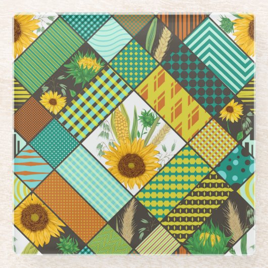 Patchwork-Getreide, Sonnenblumen, geometrisches Mu Glasuntersetzer (Vorderseite)