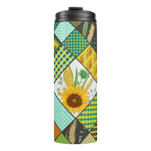 Patchwork-Getreide, Sonnenblumen, geometrisches Mu Thermosbecher (Vorderseite)