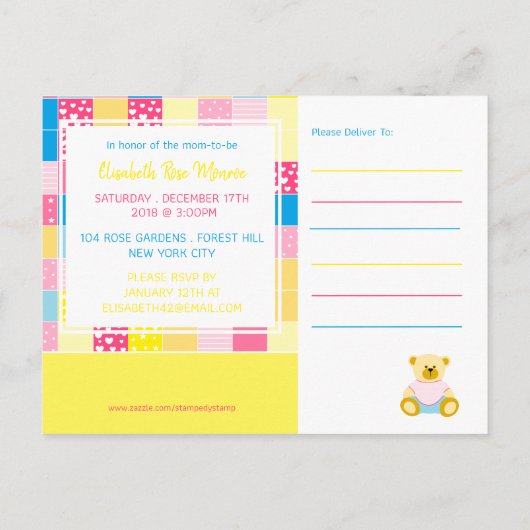 Patchwork Gold Bär, Baby Shower Einladung (Rückseite)