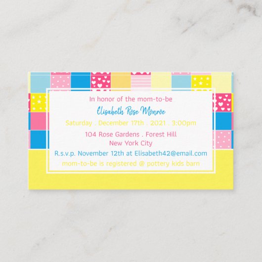 Patchwork Gold Bär, Baby Shower Ticket Einladung (Rückseite)