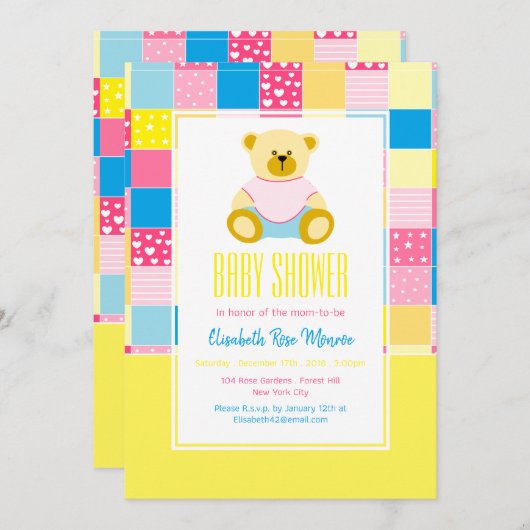 Patchwork Gold Bär, Babydusche Einladung (Vorne/Hinten)