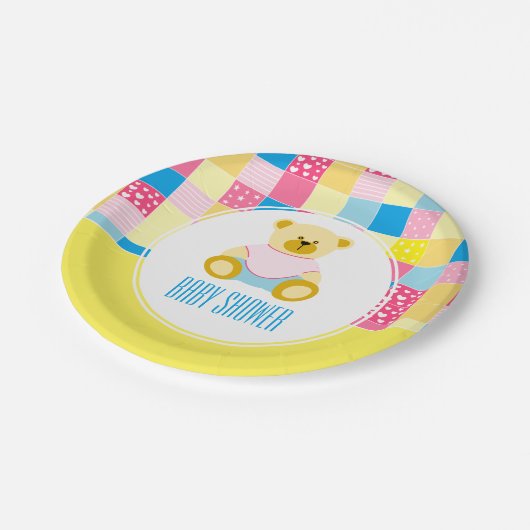 Patchwork Gold Bär, Babydusche Pappteller (Schrägansicht)