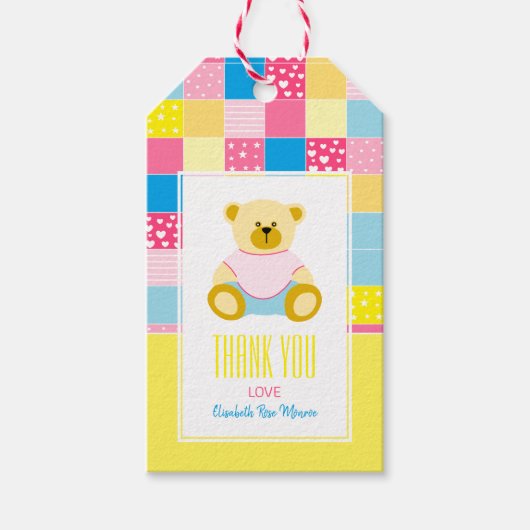 Patchwork Gold Bear, Baby Dusche Vielen Dank Geschenkanhänger (Vorderseite)