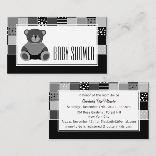 Patchwork Grauer Bär, Baby Shower Ticket Einladung (Vorne/Hinten)