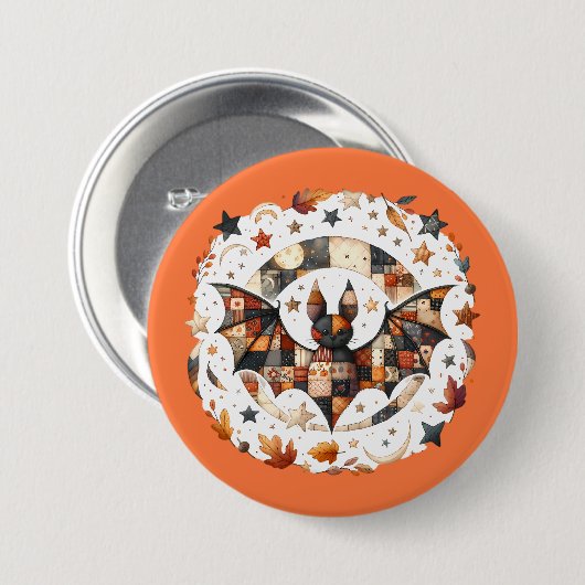 Patchwork Halloween Bat in Herbstfarben Button (Vorne & Hinten)