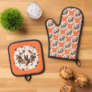 Patchwork Halloween Bat in Herbstfarben Ofenhandschuh & Topflappen-Set
