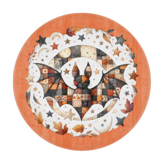 Patchwork Halloween Bat in Herbstfarben Schneidebrett (Vorderseite)