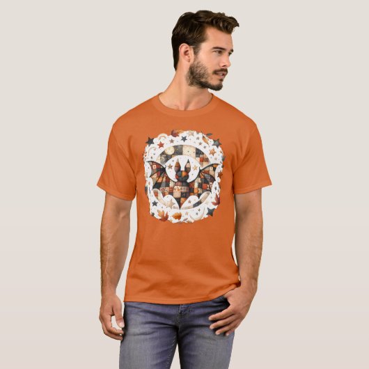 Patchwork Halloween Bat in Herbstfarben T-Shirt (Vorne ganz)