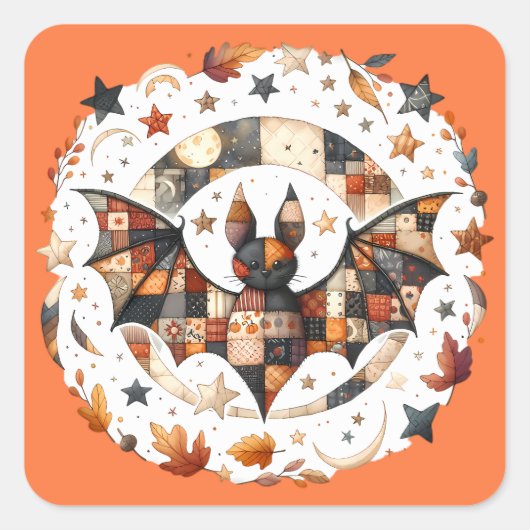 Patchwork-Halloween-Fledermaus in Herbstfarben Quadratischer Aufkleber (Vorderseite)