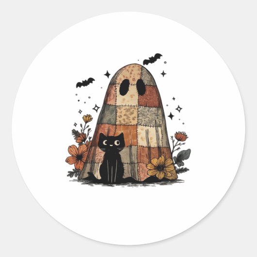 Patchwork-Halloween-Geist schwarze Katze Essential Runder Aufkleber (Vorderseite)