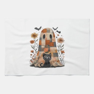 Patchwork Halloween-Geist und Katze, Retro Grusel Geschirrtuch
