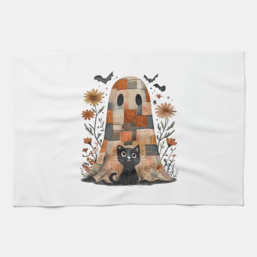 Patchwork Halloween-Geist und Katze, Retro Grusel Geschirrtuch (Horizontal)