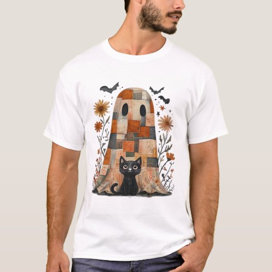 Patchwork Halloween-Geist und Katze, Retro Grusel T-Shirt (Vorderseite)