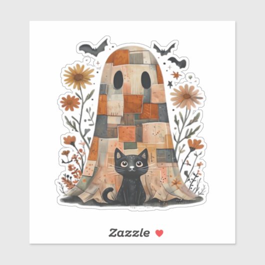 Patchwork Halloween Ghost and Cat , Retro Spooky F Aufkleber (Blatt)