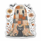 Patchwork Halloween Ghost and Cat , Retro Spooky F Aufkleber (Vorderseite)