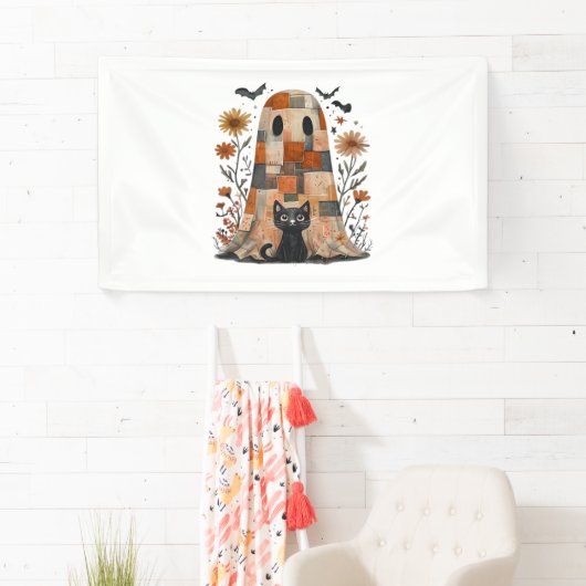 Patchwork Halloween Ghost und Cat , Retro Spooky F Banner (Insitu)