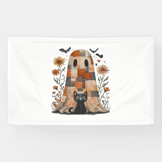 Patchwork Halloween Ghost und Cat , Retro Spooky F Banner (Horizontal)