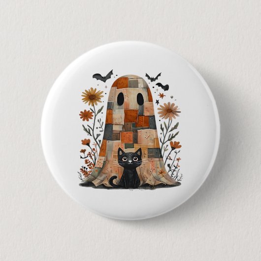 Patchwork Halloween Ghost und Cat , Retro Spooky F Button (Vorderseite)