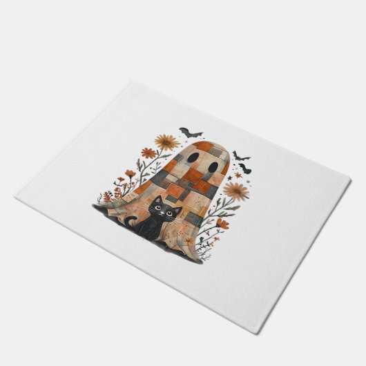 Patchwork Halloween Ghost und Cat , Retro Spooky F Fußmatte (Schrägansicht)