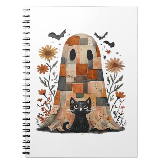 Patchwork Halloween Ghost und Cat , Retro Spooky F Notizblock (Vorderseite)