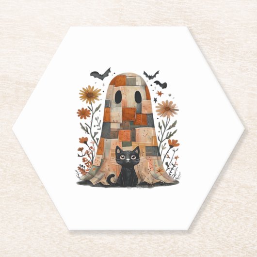 Patchwork Halloween Ghost und Cat , Retro Spooky F Untersetzer (Vorderseite)