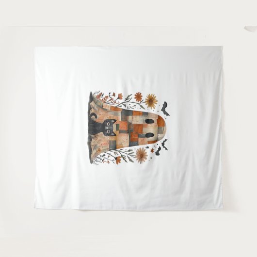 Patchwork Halloween Ghost und Cat , Retro Spooky F Wandteppich (Vorderseite (Horizontal))