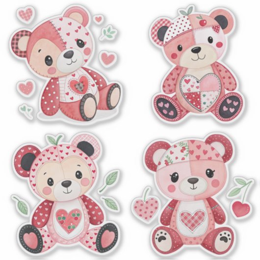Patchwork Heart Teddy Bears Stickers Aufkleber (Vorderseite)