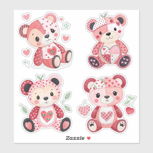Patchwork Heart Teddy Bears Stickers Aufkleber (Blatt)