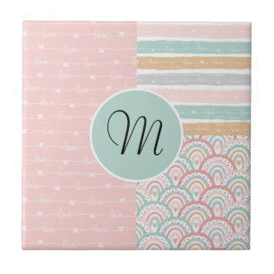 Patchwork Hearts Rainbow Monogram Keramik Tile Fliese