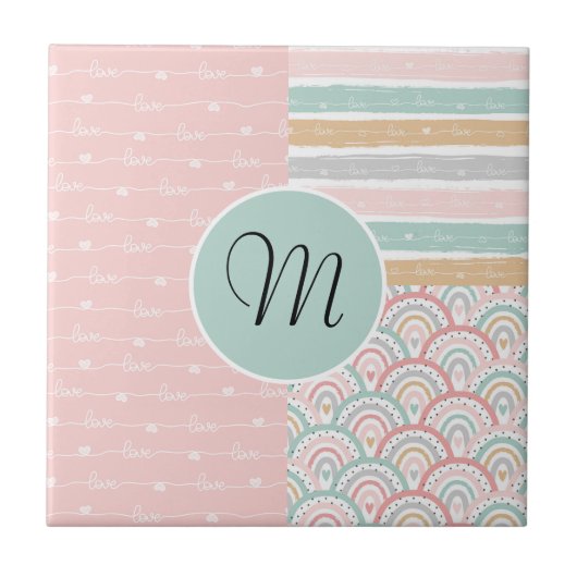Patchwork Hearts Rainbow Monogram Keramik Tile Fliese (Vorderseite)