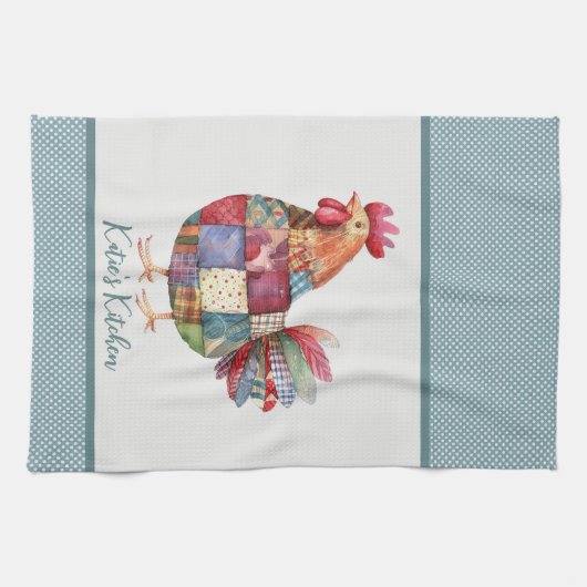 Patchwork Hen and Blue Polka Dots Geschirrtuch (Horizontal)