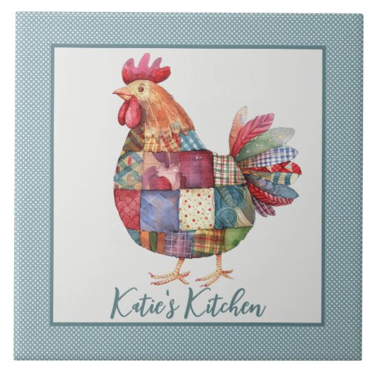 Patchwork Hen and Blue Polka Dots Keramik Tile Fliese (Vorderseite)