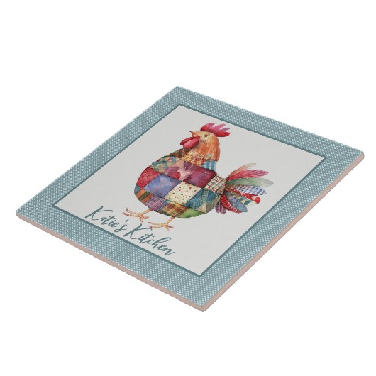 Patchwork Hen and Blue Polka Dots Keramik Tile Fliese (Seite)