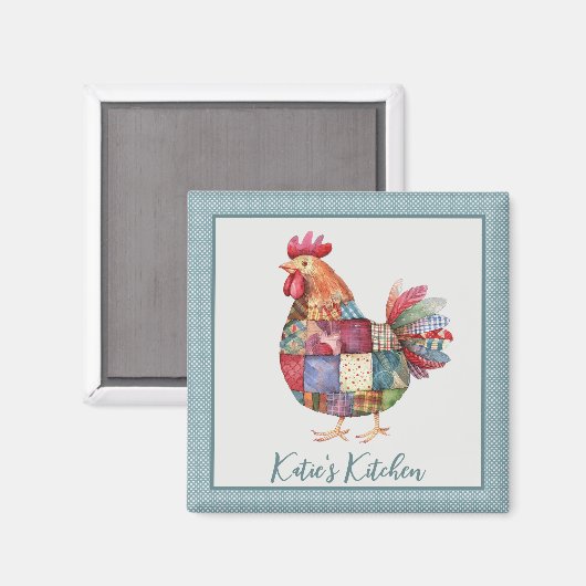Patchwork Hen and Blue Polka Dots Magnet (Vorderseite/Rückseite)
