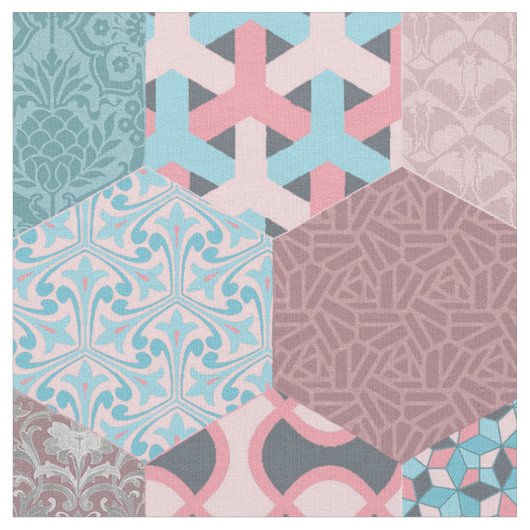 Patchwork Hexagons Rosa und Türkis Stoff (Nahaufnahme)