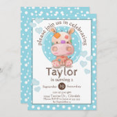 Patchwork Hippo Child's Blue Birthday Einladung (Vorne/Hinten)