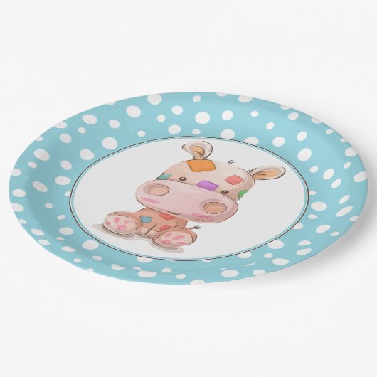 Patchwork Hippo Child's Blue Birthday Pappteller (Schrägansicht)