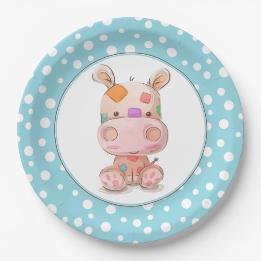 Patchwork Hippo Child's Blue Birthday Pappteller (Vorderseite)
