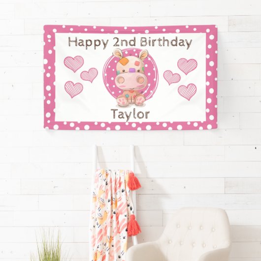 Patchwork Hippo Child's Pink Birthday Banner (Insitu)