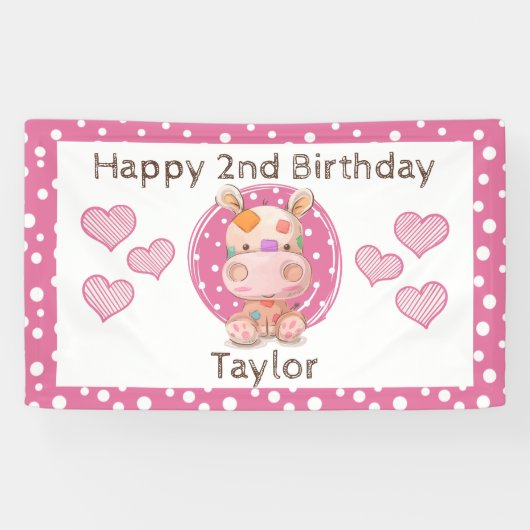 Patchwork Hippo Child's Pink Birthday Banner (Horizontal)