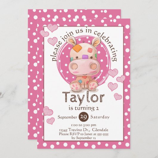 Patchwork Hippo Child's Pink Birthday Einladung (Vorne/Hinten)