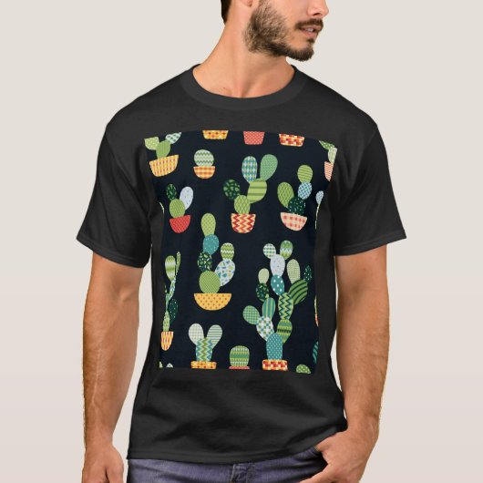 Patchwork-Kaktus-Pflanze Nahtloses Muster T-Shirt (Vorderseite)