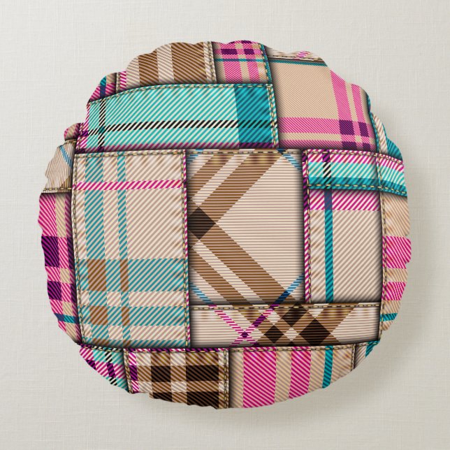 Patchwork Karierter, Vintager Nahtloser Hintergrun Rundes Kissen (Vorderseite)
