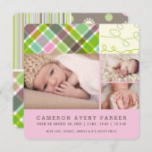 Patchwork Karos Baby Girl Birth Announccard Ankündigung (Vorne/Hinten)
