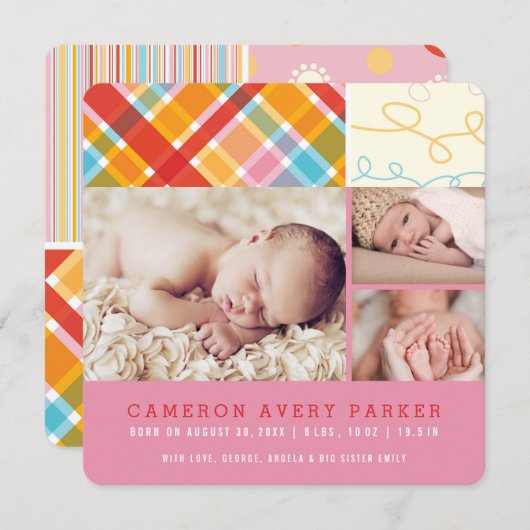 Patchwork Karos Baby Girl Birth Announccard Ankündigung (Vorne/Hinten)