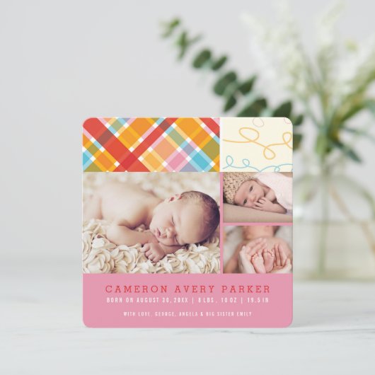 Patchwork Karos Baby Girl Birth Announccard Ankündigung (Stehend Vorderseite)